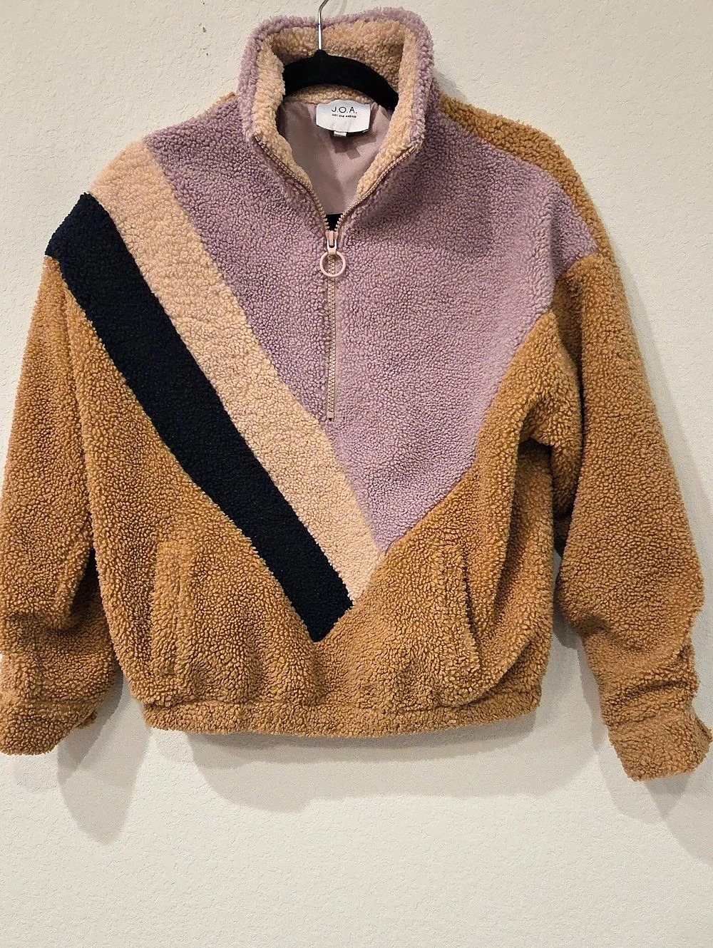 J.O.A. Colorblock Sherpa Pullover. Teddy Jacket Brown & Pink Small Retro 80s